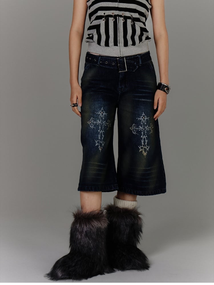 Blue Cross Print Faded Wash Glamorous Distressed Jeans with Buckle Belt