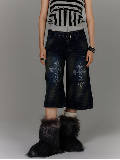 Blue Cross Print Faded Wash Glamorous Distressed Jeans with Buckle Belt