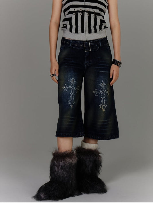 Blue Cross Print Faded Wash Glamorous Distressed Jeans with Buckle Belt