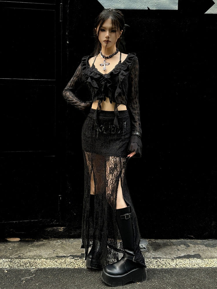 Clearance-Size S for Waist 66CM Black High Waist Punk Rock Thigh-high Slit Lace Skirt
