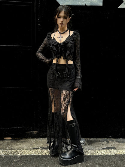 Clearance-Size S for Waist 66CM Black High Waist Punk Rock Thigh-high Slit Lace Skirt