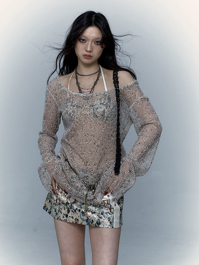 Shoulder Strap Design Punk Hollow Out Long Sleeves Top Beige/Brown/Orange