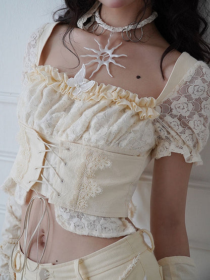 Butterfly Decorated Beige Lace-up Detail Puff Sleeves Top