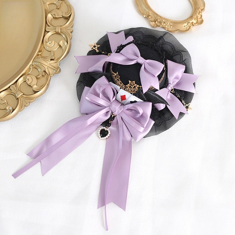 Gorgeous Lolita Purple Bowknot Black Lace - Trimmed Mini Hat with Charms and Poker Card Decorations