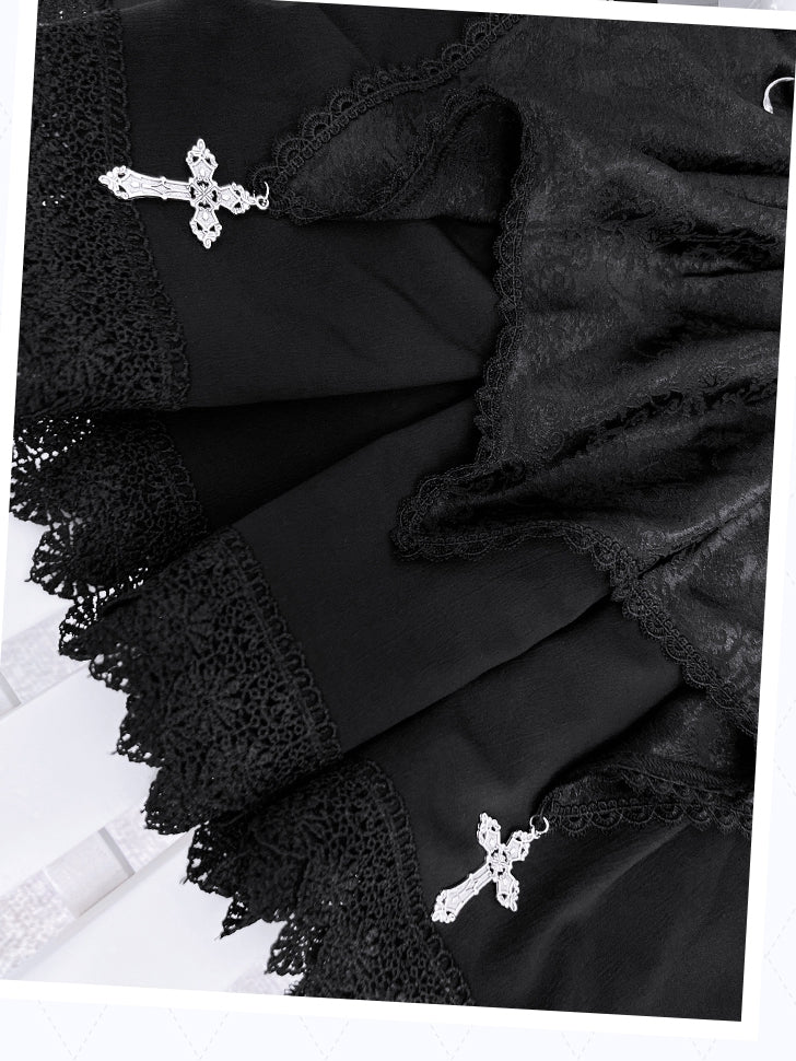 Pointed Flat Collar Flutter Sleeves Sleeveless Top with Cross Embellished Skirt Black Gothic Set