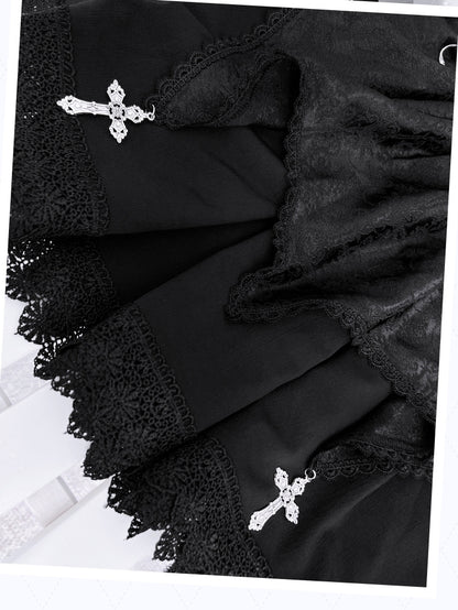Pointed Flat Collar Flutter Sleeves Sleeveless Top with Cross Embellished Skirt Black Gothic Set