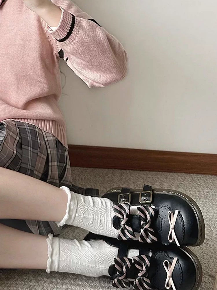 Black Striped Pattern Bowknot Details Bear Design Lolita Flats