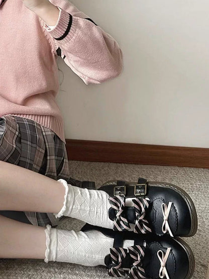 Black Striped Pattern Bowknot Details Bear Design Lolita Flats