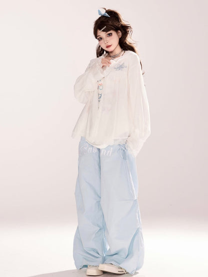 Blue Elastic Waist Letter Embroidery Wide-leg Casual Pants