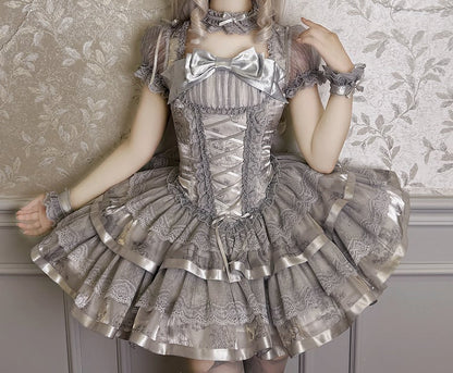 Bunny and Kitty Print Silver Gray Short Puff Sleeves Lolita Corset Dress