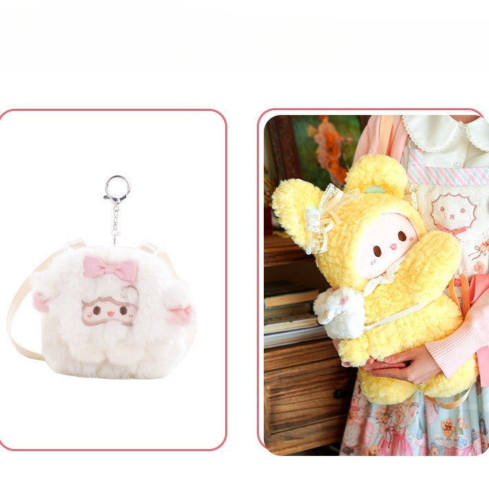 Yellow Rabbit-shaped Bowknot Plush Backpack + 3 Options Keychain Middle/Large Size