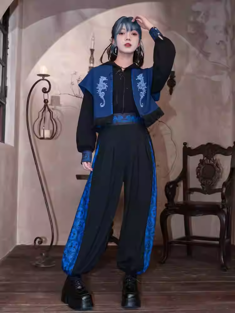 Blue Seahorse and Coral Print Black Drawsting Cuff Cheongsam Style Wide-leg Pants