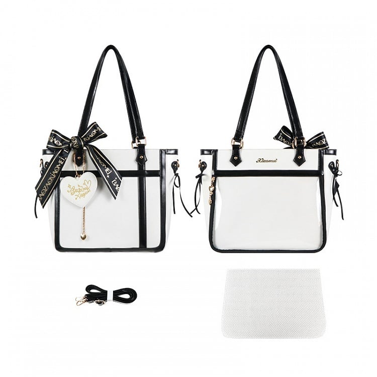 White and Black Bowknot and Heart-shaped Charm Ita Bag