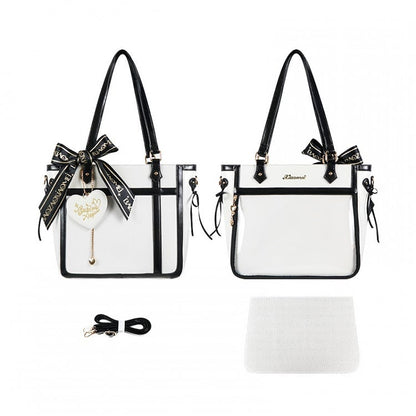 White and Black Bowknot and Heart-shaped Charm Ita Bag