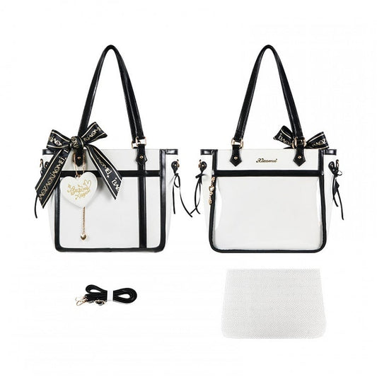 White and Black Bowknot and Heart-shaped Charm Ita Bag