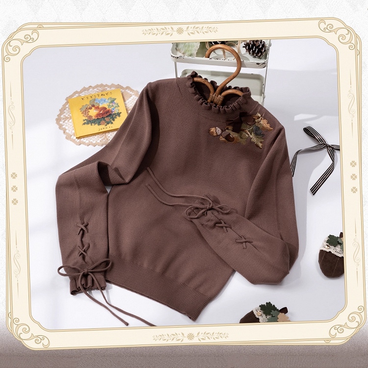 Pinecone Embroidery Neckline Lace-up Cuffs Brown Autumn Knit Top
