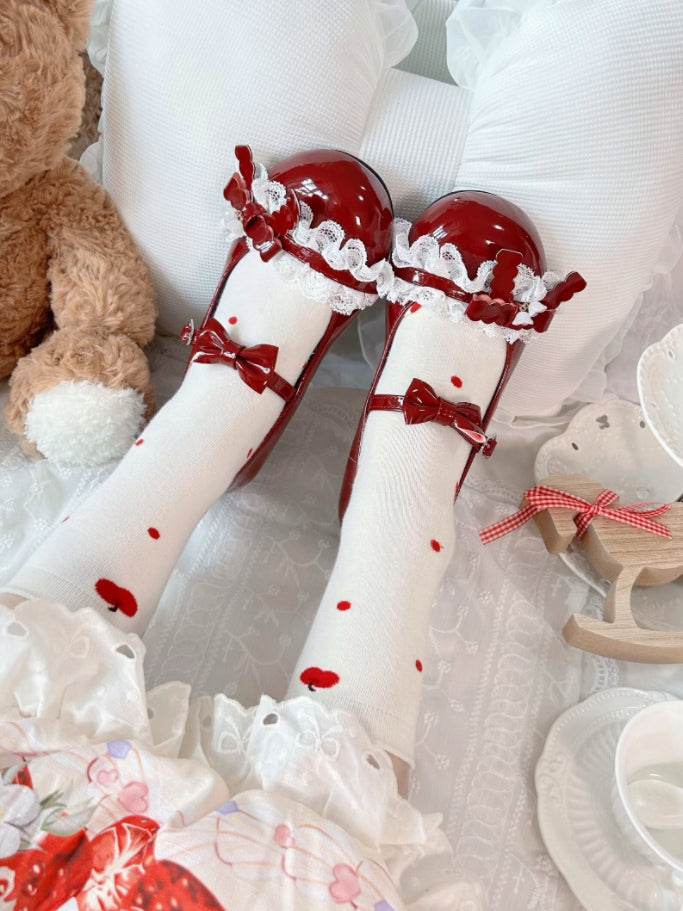 Ruffled Lace Detail, Bow Accents & Practical Heart Buckle Snap Wine Red PU Leather Flat Shoes in Sweet Lolita