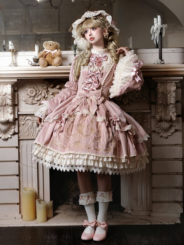 Candle and Candlestick Embroidery Pink Bell Sleeves Velvet Dress Lolita OP / Set