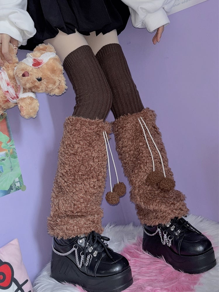 4 Color Options Y2K Pompons Knitted Plush Leg Warmers