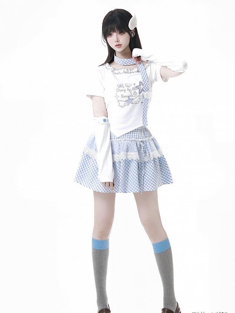 Pink/Baby Blue Plaid Lace Trim Skirt