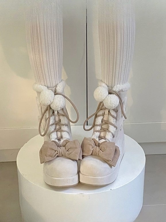 Sweet Apricot Winter Boots for Lolita - 6cm/8.5cm Platform Sole with Heart Applique & Pompom Charm Tie Decor