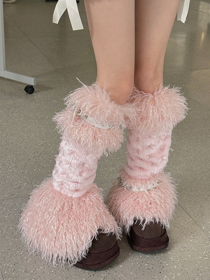 Pink Bowknot Stud Buckle Strap Shaggy Leg Warmers