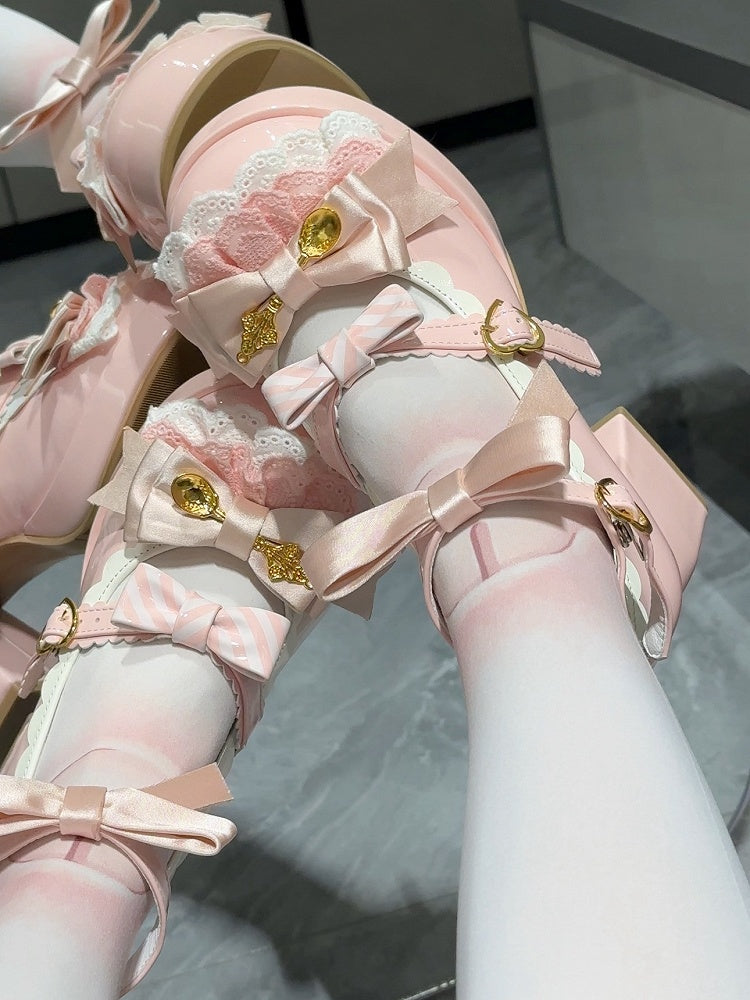 Sweet Lolita Pink Mary Janes - 8cm High Block Heel with Layered Lace, Bow Accents & Heart Buckle