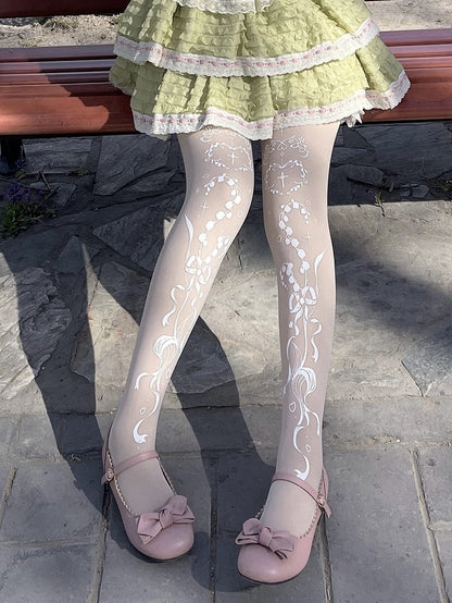 Lily of the Valley and Cross Print Shiro Gothic Lolita Tights