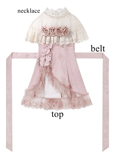 Pink Illusion Neckline Elegant Classic Lolita Top + Floral Print Skirt + Beaded Necklace Set