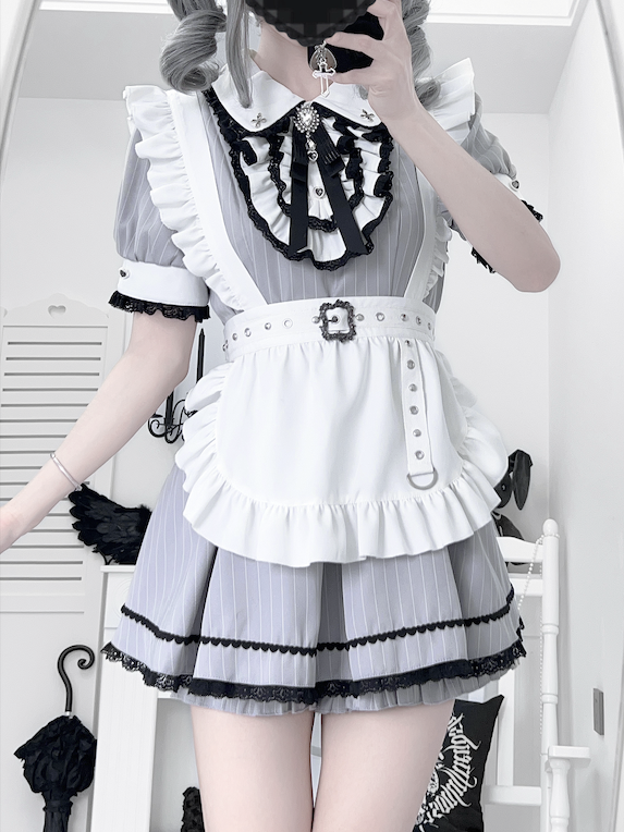 Peter Pan Collar Top with Shorts Gray and White Stripes Maid Jirai Kei Set