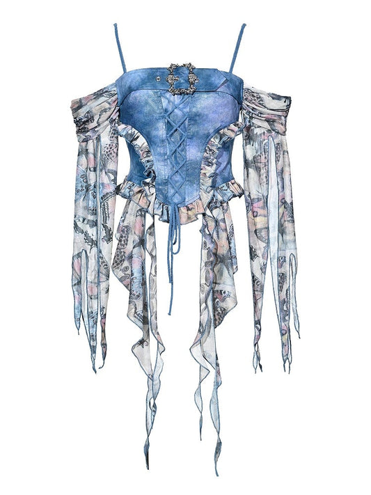Grunge Punk Rock Fairycore Blue Butterflies Print Mesh Patchwork Design PU Top Flounce Hem