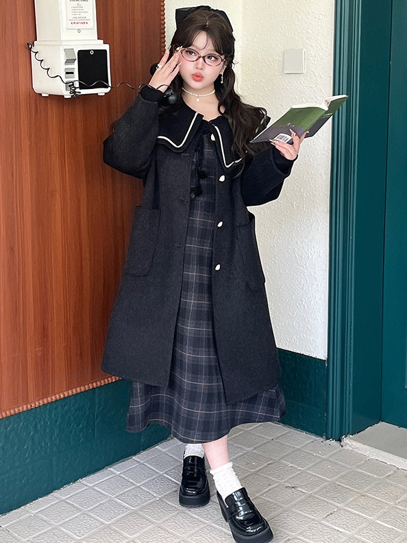 Plus Size Black Sailor Collar Heart Buttons Woolen Coat