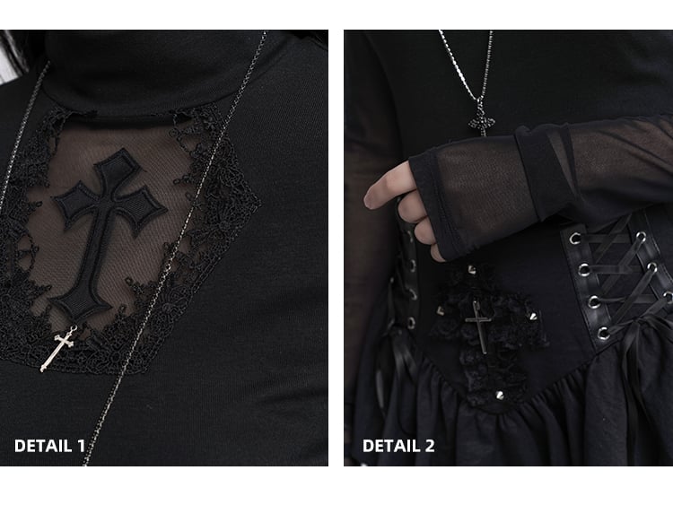 Black Mock Neck Coffin-shaped Cutout Cross Applique Mesh Sleeves Gothic Top
