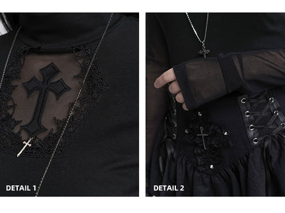 Black Mock Neck Coffin-shaped Cutout Cross Applique Mesh Sleeves Gothic Top