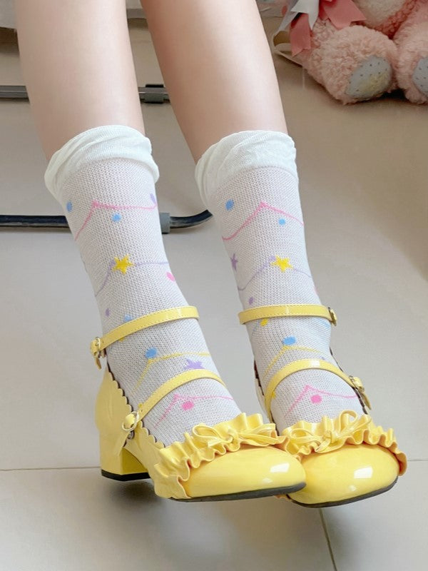 White/Beige Hollow-out Calf Socks With Star And Polka-dot Pattern