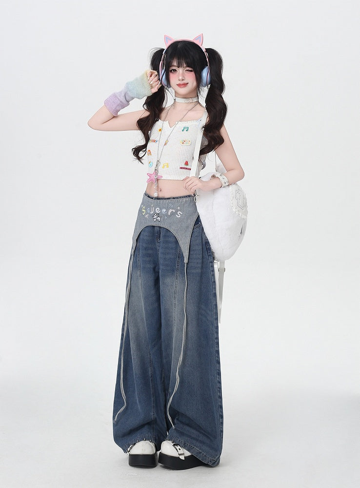 Blue Low Waist Wide-leg Jeans with Letter Embroidery Waist Accessory