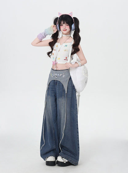 Blue Low Waist Wide-leg Jeans with Letter Embroidery Waist Accessory