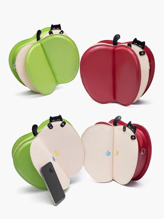 Playful 2-Way Red Apple Flip Backpack With Moon & Star Core And Cat Embroidery