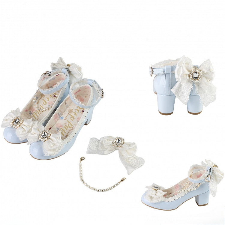 Blue Beaded And Rhinestone Decorated Bow at Top Lace Trim Mary Janes With Detachable Beaded Chain