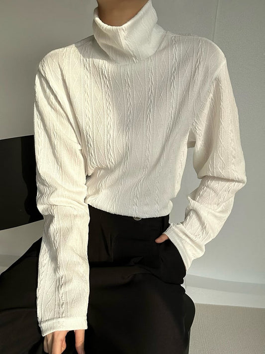 Ouji Lolita Beige Ribbed Long-Sleeve Cable Knit Top with Turtleneck