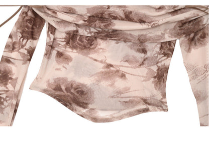 Floral Print Pink Off-the-shoulder Neckline Tulle Top