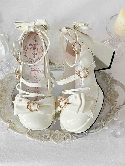 White Bow Accent Crisscross Design Lolita Platform High Block Heels
