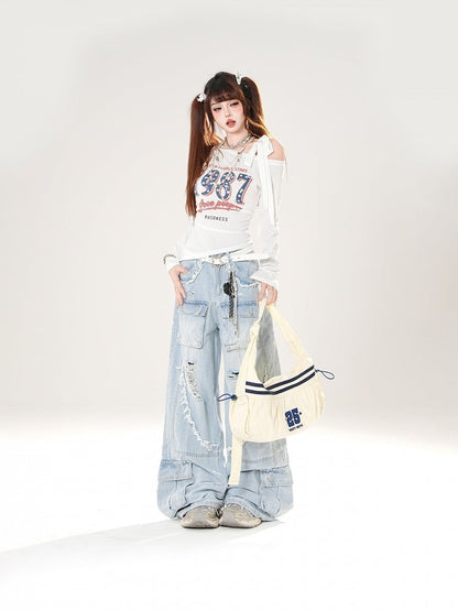 Black/Blue Low Rise Distressed Holes Raw Hem Wide-Leg Cargo Jeans