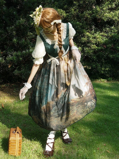Dark Green Square Neckline Forest Print Elegant Classic Lolita Dress with Bow Detail