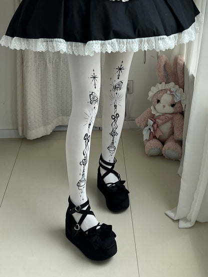 Butterfly and Candelabra Print Gothic Lolita White Tights