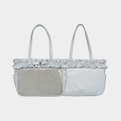 Silver Ruffle Trim Rhinestone Bowknot Large Volume Ita Tote Bag