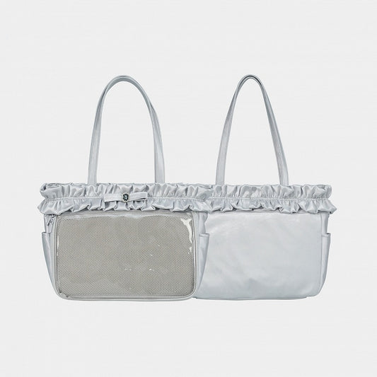 Silver Ruffle Trim Rhinestone Bowknot Large Volume Ita Tote Bag