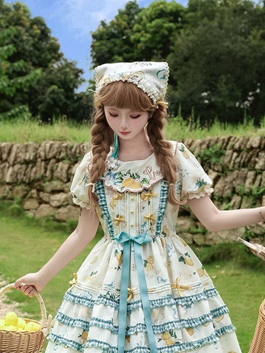 White & Yellow Floral and Lemon Print Lolita Triangular Headscarf with Lace Edging and Bow Accents