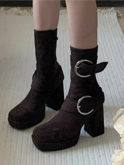 Buckle Details & Inner Zip Closure Square Toe Brown Mid-calf Boots with Platform High Block Heel