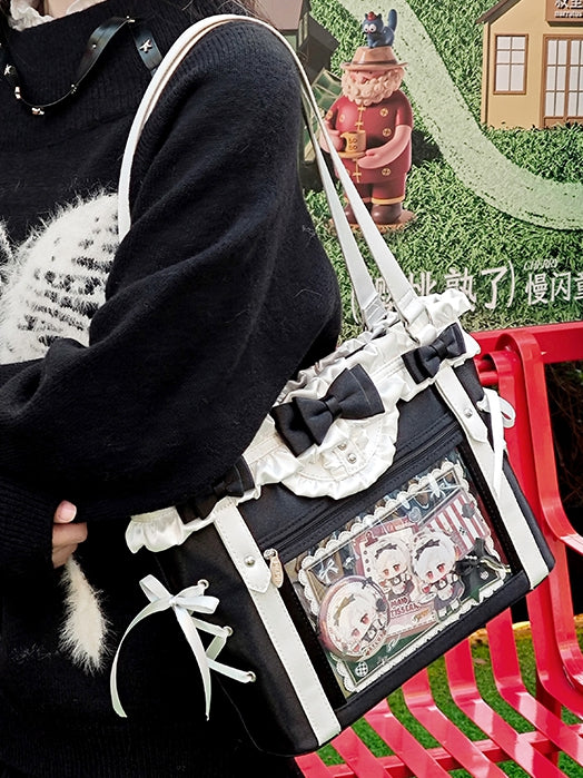 Black&White Bowknot Details Ruffles Trim Lace-up Design Ita Bag